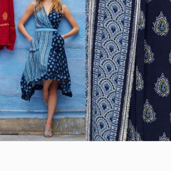 ANTHRO  MEAVE Boho Blue Paisley Patterned Hi Low Sharkbite Hem Dress SIZE 0P - Picture 1 of 11